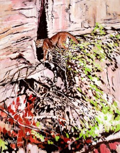 Impression Cougar by Dede Farrar created April 2014. The foliage is painted with brush strokes in complimentary colors. No leaves are actually depicted, only the impression of leaves using the stroke of a brush, fully loaded with color with no smoothing of the edges. The passion and poetic language of painting.